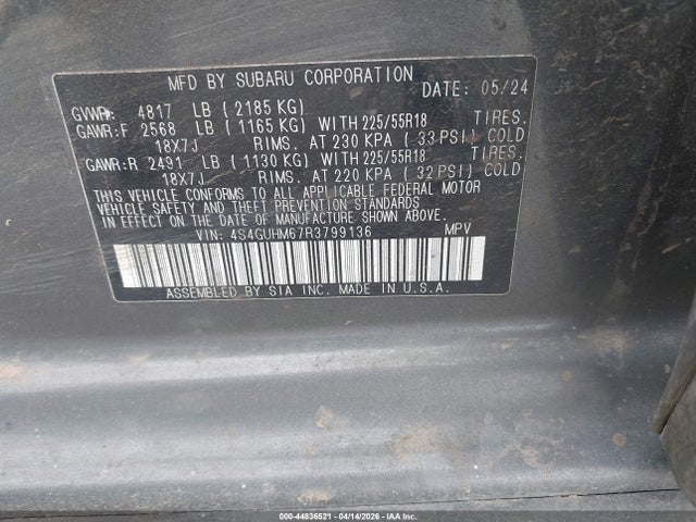 44836521 :رقم المزاد ، 4S4GUHM67R3799136 vin ، 2024 Subaru Crosstrek Limited مزاد بيع