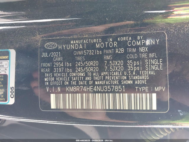 44836525 :رقم المزاد ، KM8R74HE4NU357851 vin ، 2022 Hyundai Palisade Calligraphy مزاد بيع