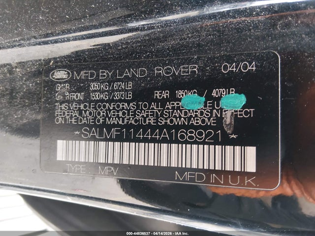 44836537 :رقم المزاد ، SALMF11444A168921 vin ، 2004 Land Rover Range Rover Hse مزاد بيع