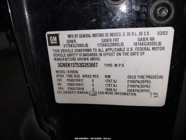 Продаж на аукціоні авто 2003 Chevrolet Avalanche 1500, vin: 3GNEK13T53G263667, номер лоту: 44836541