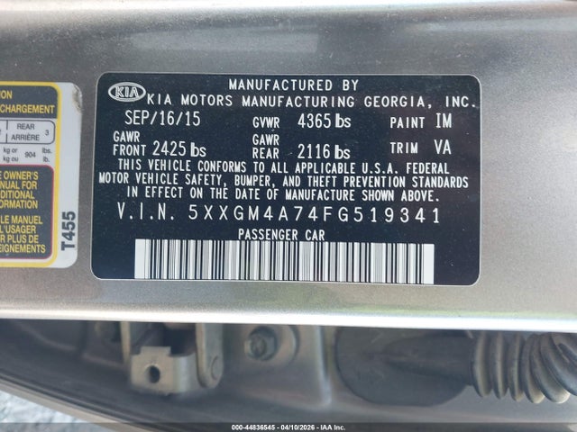 5XXGM4A74FG519341 KIA Optima Lx