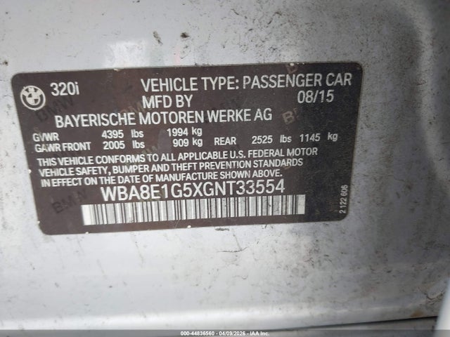 2016 Bmw 320i მანქანა იყიდება აუქციონზე, vin: WBA8E1G5XGNT33554, აუქციონის ნომერი: 44836560
