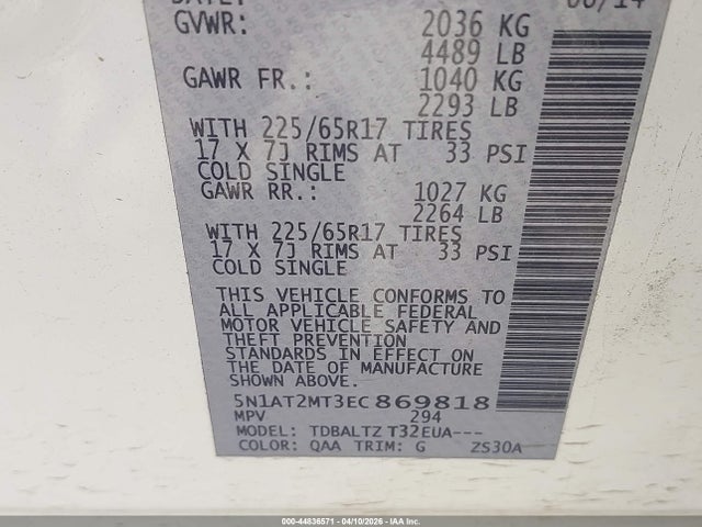 Продаж на аукціоні авто 2014 Nissan Rogue Sv, vin: 5N1AT2MT3EC869818, номер лоту: 44836571