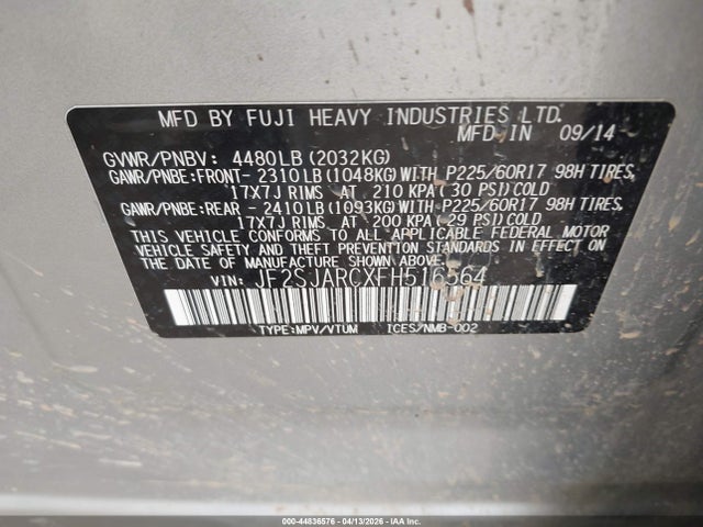 2015 Subaru Forester 2.5i Limited მანქანა იყიდება აუქციონზე, vin: JF2SJARCXFH516564, აუქციონის ნომერი: 44836576