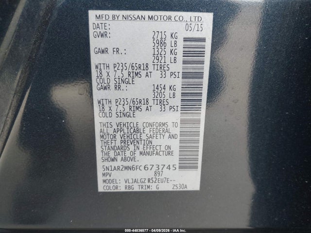 Nissan Pathfinder Sl 2015 5N1AR2MN6FC673745 Image 9