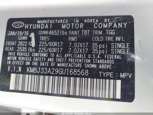 2016 Hyundai Tucson Eco მანქანა იყიდება აუქციონზე, vin: KM8J33A29GU168568, აუქციონის ნომერი: 44836591
