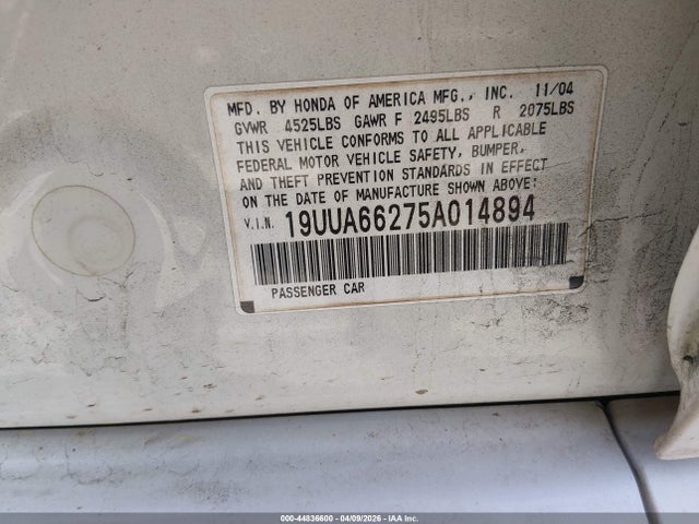 44836600 :رقم المزاد ، 19UUA66275A014894 vin ، 2005 Acura Tl مزاد بيع