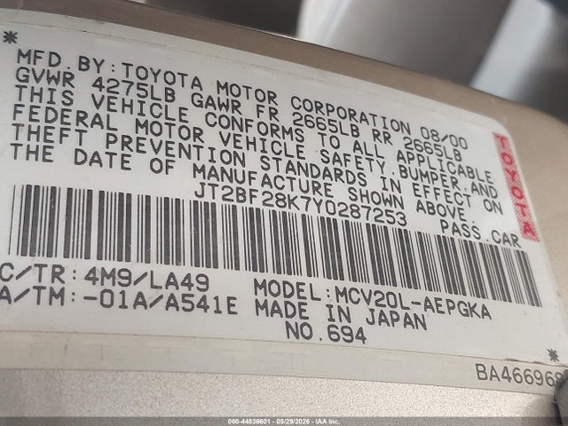 Продажа на аукционе авто 2000 Toyota Camry Xle V6, vin: JT2BF28K7Y0287253, номер лота: 44836601