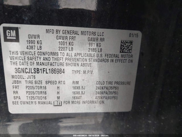 44836624 :رقم المزاد ، 3GNCJLSB1FL186984 vin ، 2015 Chevrolet Trax Lt مزاد بيع