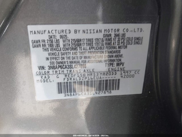 Aukcja sprzedaży 2025 Nissan Kicks Sv Fwd, vin: 3N8AP6CA3SL427898, numer aukcji: 44836630