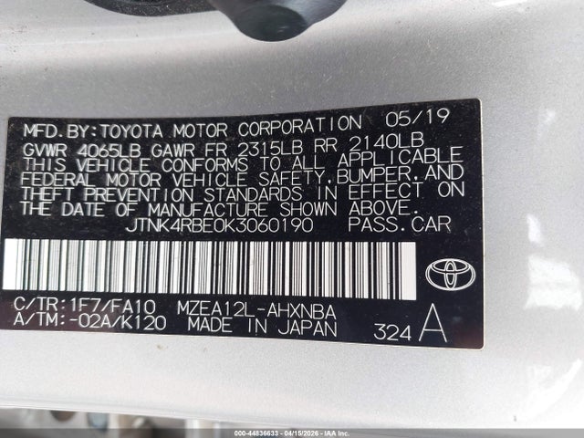 Aukcja sprzedaży 2019 Toyota Corolla Se, vin: JTNK4RBE0K3060190, numer aukcji: 44836633