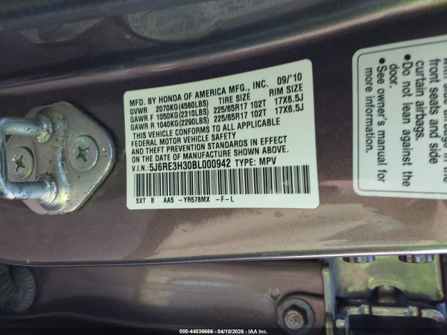 Продаж на аукціоні авто 2011 Honda Cr-v Lx, vin: 5J6RE3H30BL000942, номер лоту: 44836666