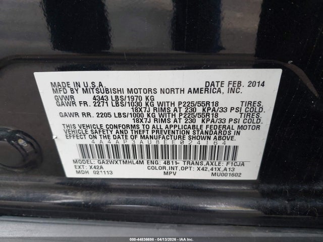 Aukcja sprzedaży 2014 Mitsubishi Outlander Sport Es, vin: 4A4AP3AU8EE024164, numer aukcji: 44836698