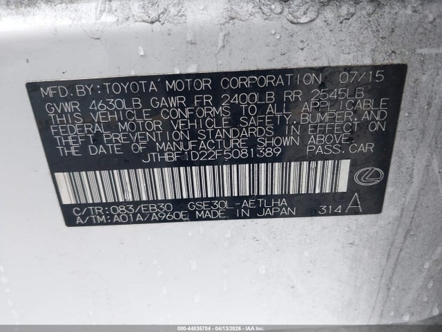 44836704 :رقم المزاد ، JTHBF1D22F5081389 vin ، 2015 Lexus Is 250 مزاد بيع
