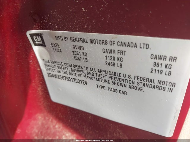 2005 Buick Lacrosse Cxs მანქანა იყიდება აუქციონზე, vin: 2G4WE567651203124, აუქციონის ნომერი: 44836710