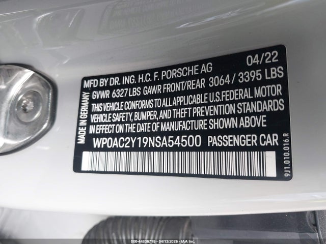 Продажа на аукционе авто 2022 Porsche Taycan Turbo/turbo S, vin: WP0AC2Y19NSA54500, номер лота: 44836715