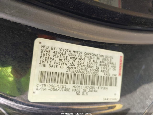 44836718 :رقم المزاد ، JT8BF28G610338023 vin ، 2001 Lexus Es 300 مزاد بيع