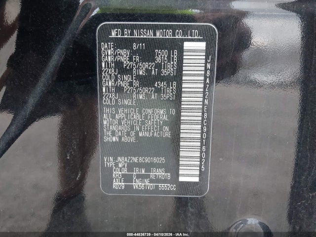 Aukcja sprzedaży 2012 Infiniti Qx56, vin: JN8AZ2NE8C9016025, numer aukcji: 44836739