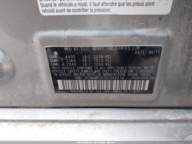 44836744 :رقم المزاد ، 4S3BMBG62B3264714 vin ، 2011 Subaru Legacy 2.5i Premium مزاد بيع