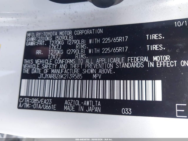 Aukcja sprzedaży 2019 Lexus Nx 300, vin: JTJYARBZ6K2139585, numer aukcji: 44836750