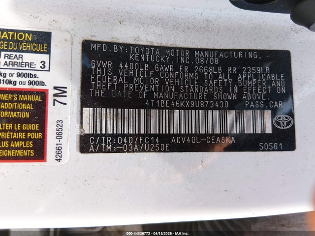 44836772 :رقم المزاد ، 4T1BE46KX9U873430 vin ، 2009 Toyota Camry Se مزاد بيع