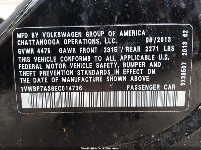 44836786 :رقم المزاد ، 1VWBP7A36EC014736 vin ، 2014 Volkswagen Passat 2.5l Se مزاد بيع