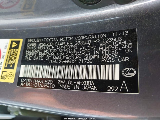 Aukcja sprzedaży 2013 Lexus Ct 200h, vin: JTHKD5BH8D2171732, numer aukcji: 44836787
