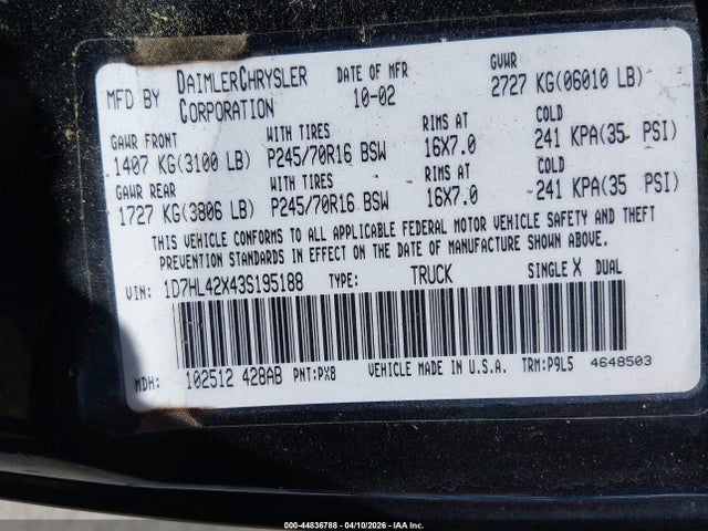 Auction sale of the 2003 Dodge Dakota Slt, vin: 1D7HL42X43S195188, lot number: 44836788