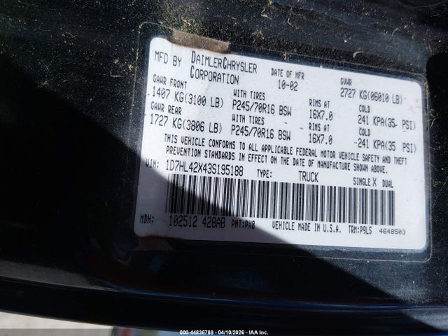 Auction sale of the 2003 Dodge Dakota Slt, vin: 1D7HL42X43S195188, lot number: 44836788