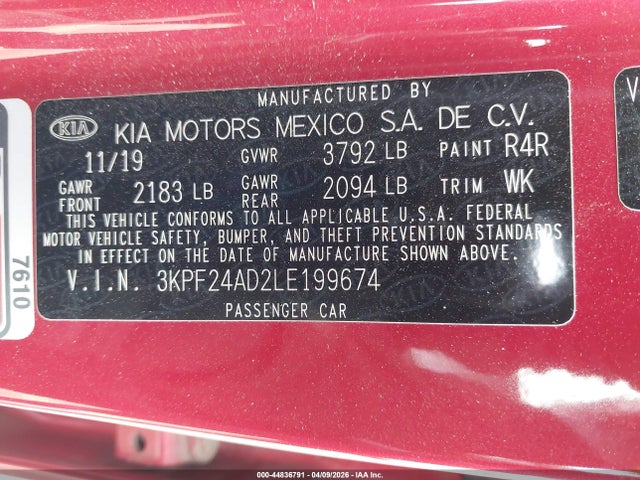 Aukcja sprzedaży 2020 Kia Forte Lxs, vin: 3KPF24AD2LE199674, numer aukcji: 44836791