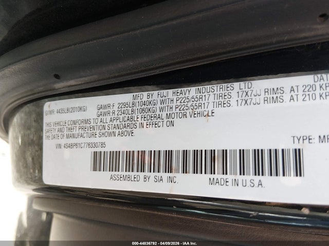 2007 Subaru Outback 2.5i მანქანა იყიდება აუქციონზე, vin: 4S4BP61C776330785, აუქციონის ნომერი: 44836792