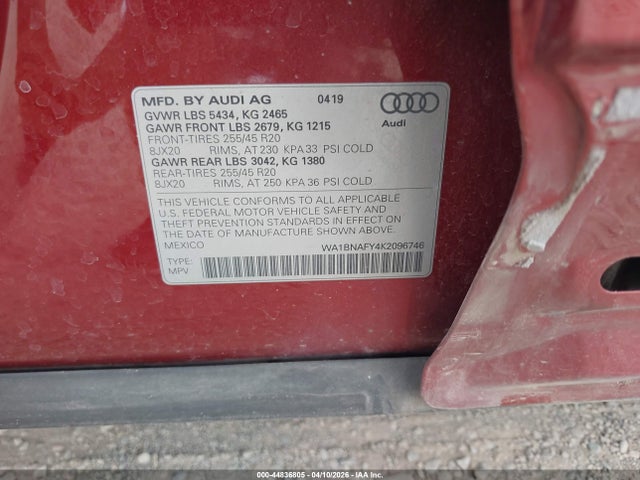 Продаж на аукціоні авто 2019 Audi Q5 45 Premium, vin: WA1BNAFY4K2096746, номер лоту: 44836805