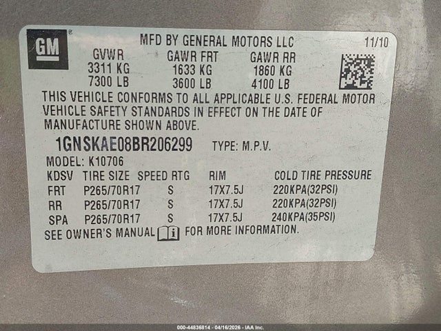 Продаж на аукціоні авто 2011 Chevrolet Tahoe Ls, vin: 1GNSKAE08BR206299, номер лоту: 44836814