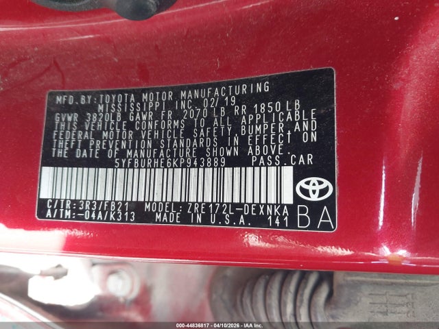 Toyota COROLLA LE 2019 5YFBURHE6KP943889 Image 9