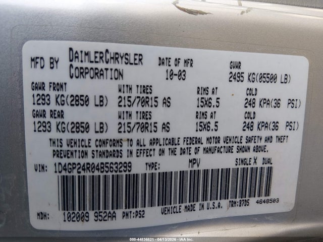 Aukcja sprzedaży 2004 Dodge Grand Caravan Se, vin: 1D4GP24R04B563299, numer aukcji: 44836821