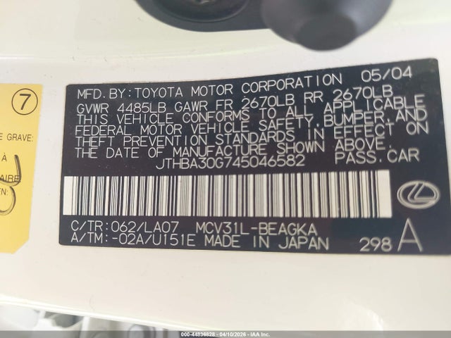 44836828 :رقم المزاد ، JTHBA30G745046582 vin ، 2004 Lexus Es 330 مزاد بيع
