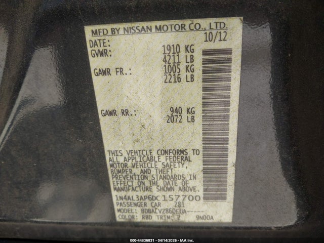 44836831 :رقم المزاد ، 1N4AL3AP6DC157700 vin ، 2013 Nissan Altima 2.5 Sl مزاد بيع