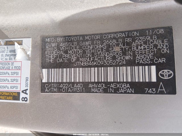 Продаж на аукціоні авто 2009 Toyota Camry Hybrid, vin: JTNBB46K093052724, номер лоту: 44836832