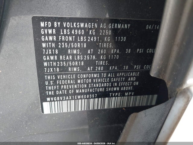 44836834 :رقم المزاد ، WVGBV3AX1EW608357 vin ، 2014 Volkswagen Tiguan Se مزاد بيع