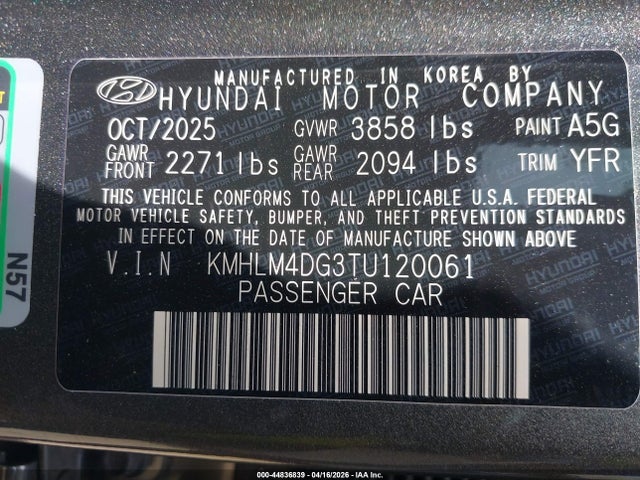 Aukcja sprzedaży 2026 Hyundai Elantra Sel Sport, vin: KMHLM4DG3TU120061, numer aukcji: 44836839