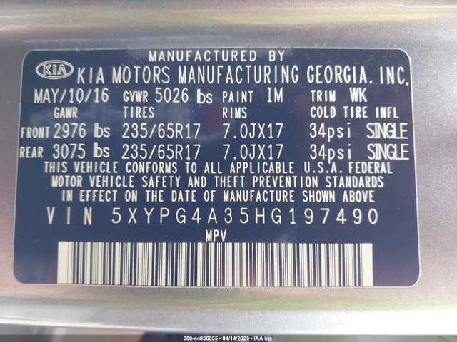5XYPG4A35HG197490 KIA Sorento 2.4l Lx