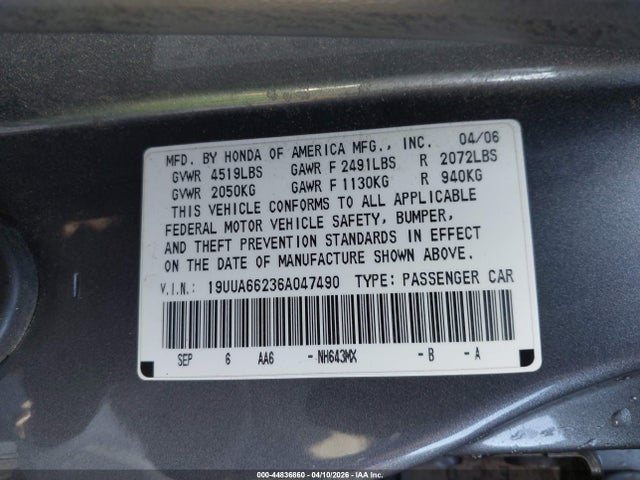 44836860 :رقم المزاد ، 19UUA66236A047490 vin ، 2006 Acura Tl مزاد بيع