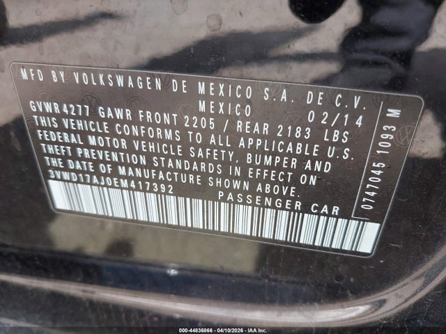 2014 Volkswagen Jetta 1.8t Se მანქანა იყიდება აუქციონზე, vin: 3VWD17AJ0EM417392, აუქციონის ნომერი: 44836866