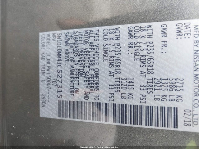 44836887 :رقم المزاد ، 5N1DL0MM4JC527315 vin ، 2018 Infiniti Qx60 مزاد بيع