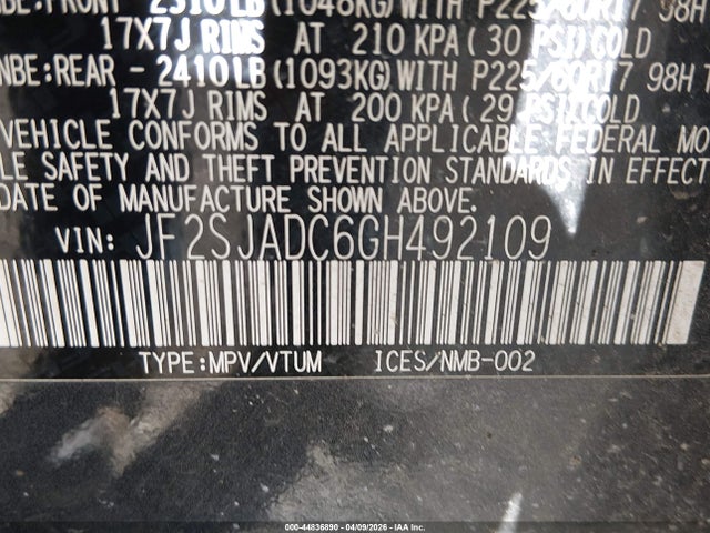 44836890 :رقم المزاد ، JF2SJADC6GH492109 vin ، 2016 Subaru Forester 2.5i Premium مزاد بيع
