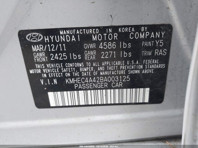 2011 Hyundai Sonata Hybrid მანქანა იყიდება აუქციონზე, vin: KMHEC4A42BA003125, აუქციონის ნომერი: 44836906