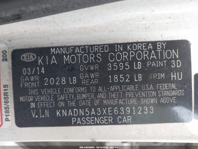 Продажа на аукционе авто 2014 Kia Rio Ex, vin: KNADN5A3XE6391233, номер лота: 44836908