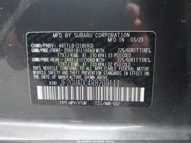 Aukcja sprzedaży 2024 Subaru Crosstrek Premium, vin: JF2GUADC4R8209111, numer aukcji: 44836919