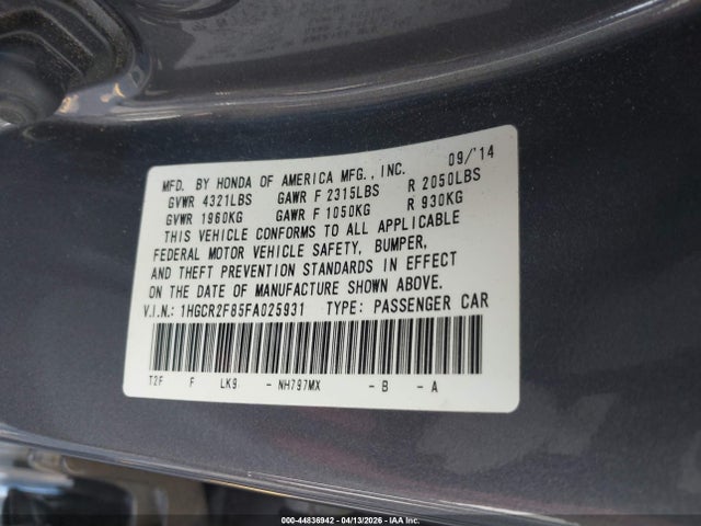 2015 Honda Accord Ex-l მანქანა იყიდება აუქციონზე, vin: 1HGCR2F85FA025931, აუქციონის ნომერი: 44836942