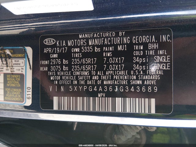 5XYPG4A36JG343689 KIA Sorento 2.4l Lx